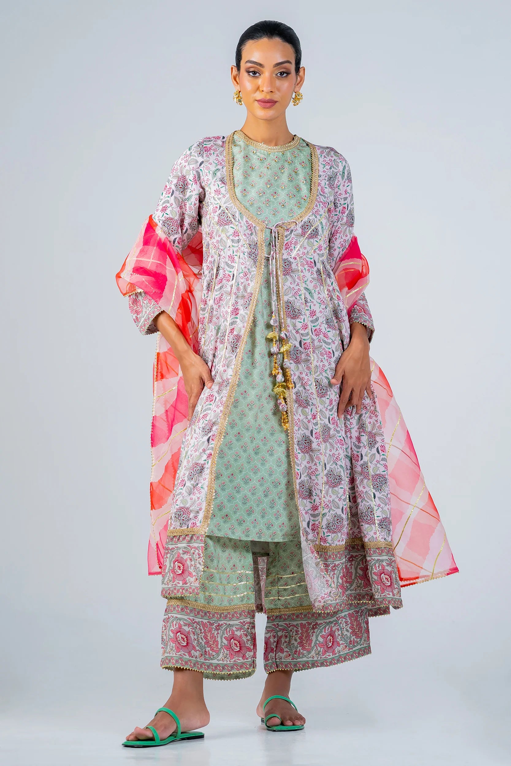 front view of Mahroo 3-Piece Set – Flared Kurta, Pants & Dupatta