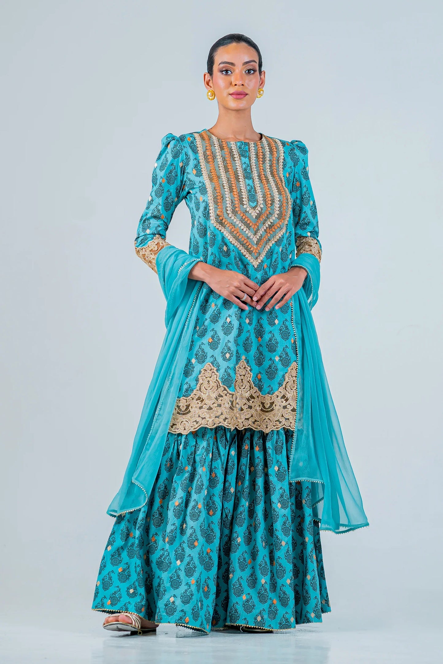 Zeenat 3-piece embroidered kurta gharara outfit in sea blue