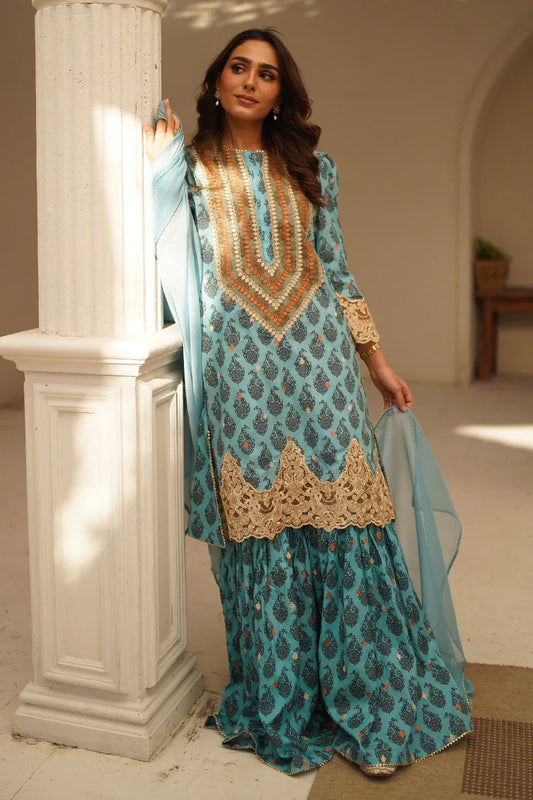 Sea Blue 3-Piece Kurta Gharara Set