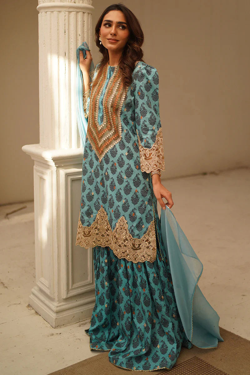 side view of Sea Blue 3-Piece Kurta Gharara Set