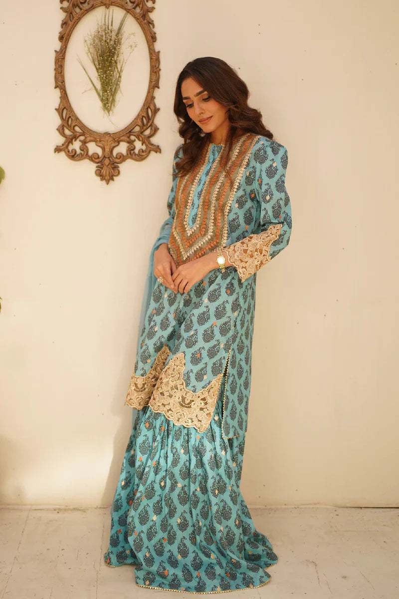 full view of Sea Blue 3-Piece Kurta Gharara Set