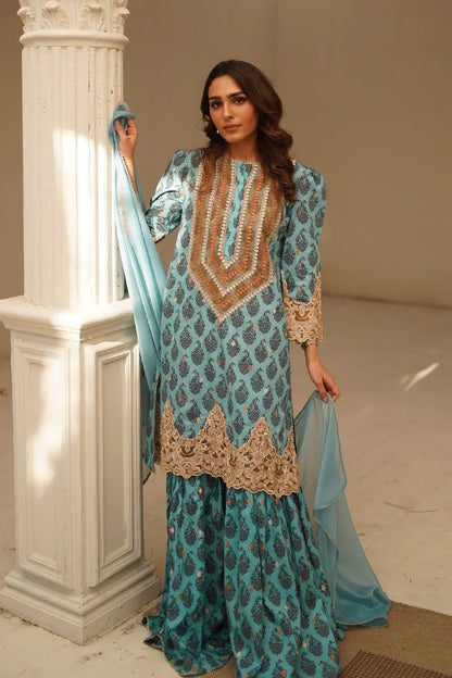 model wearing Sea Blue 3-Piece Kurta Gharara Set