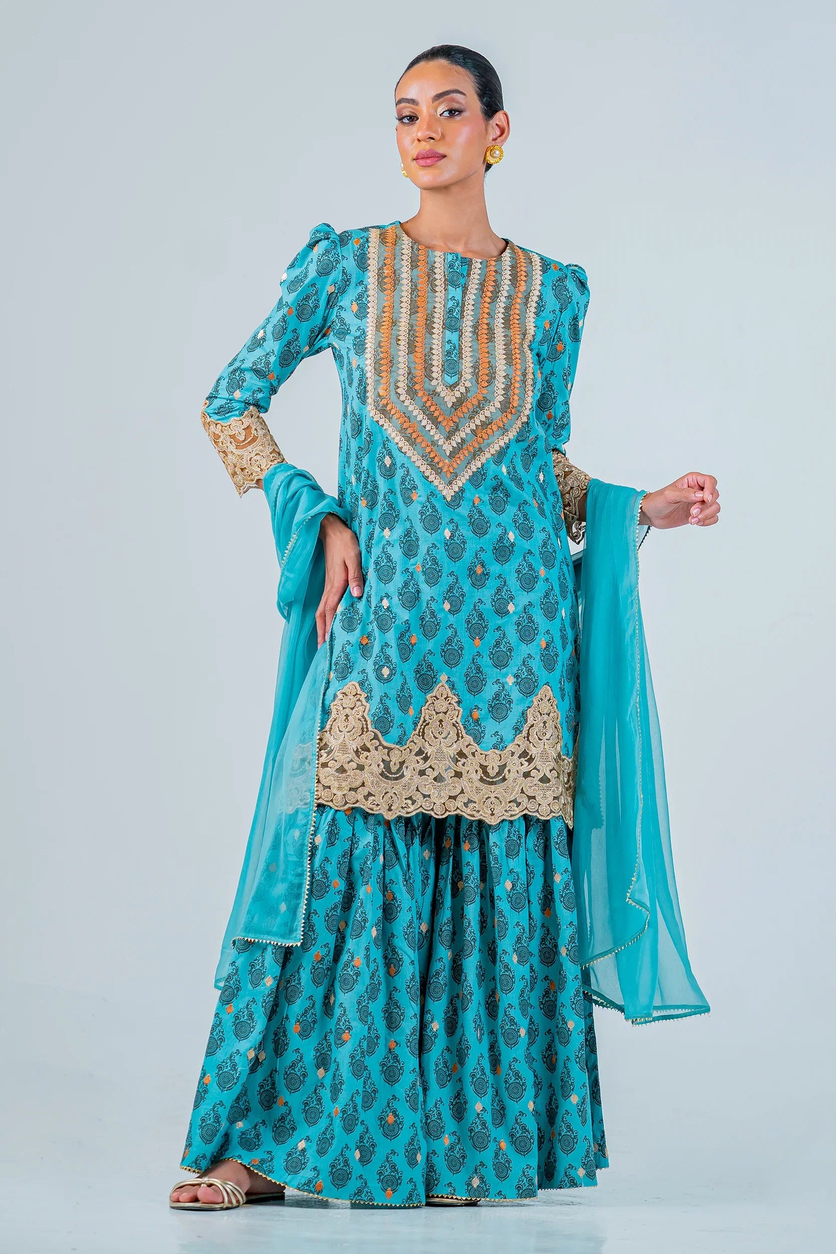 Zeenat Sea Blue kurta gharara set with embroidery