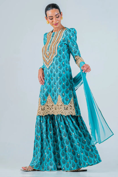 Traditional sea blue 3-piece kurta gharara set by Mahaba Studio