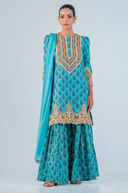 100% cotton kurta gharara set in sea blue with digital print