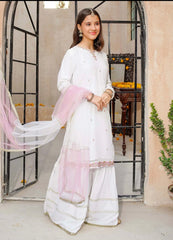 3 Piece White Chiffon Embroidered Gharara