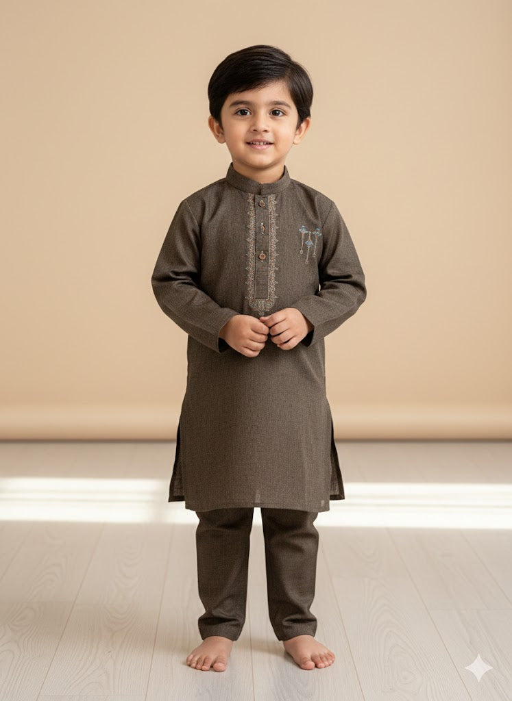 Dark Taupe embroidered kurta trouser boys