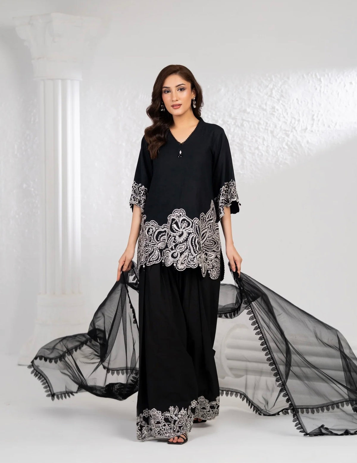 NF-6744 Black White Cotton Stitched 2PC Suit