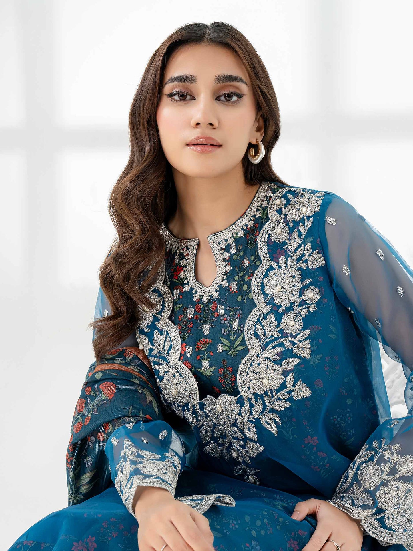 Elegant Teal Organza Suit with Embroidered Shirt and Printed Dupatta