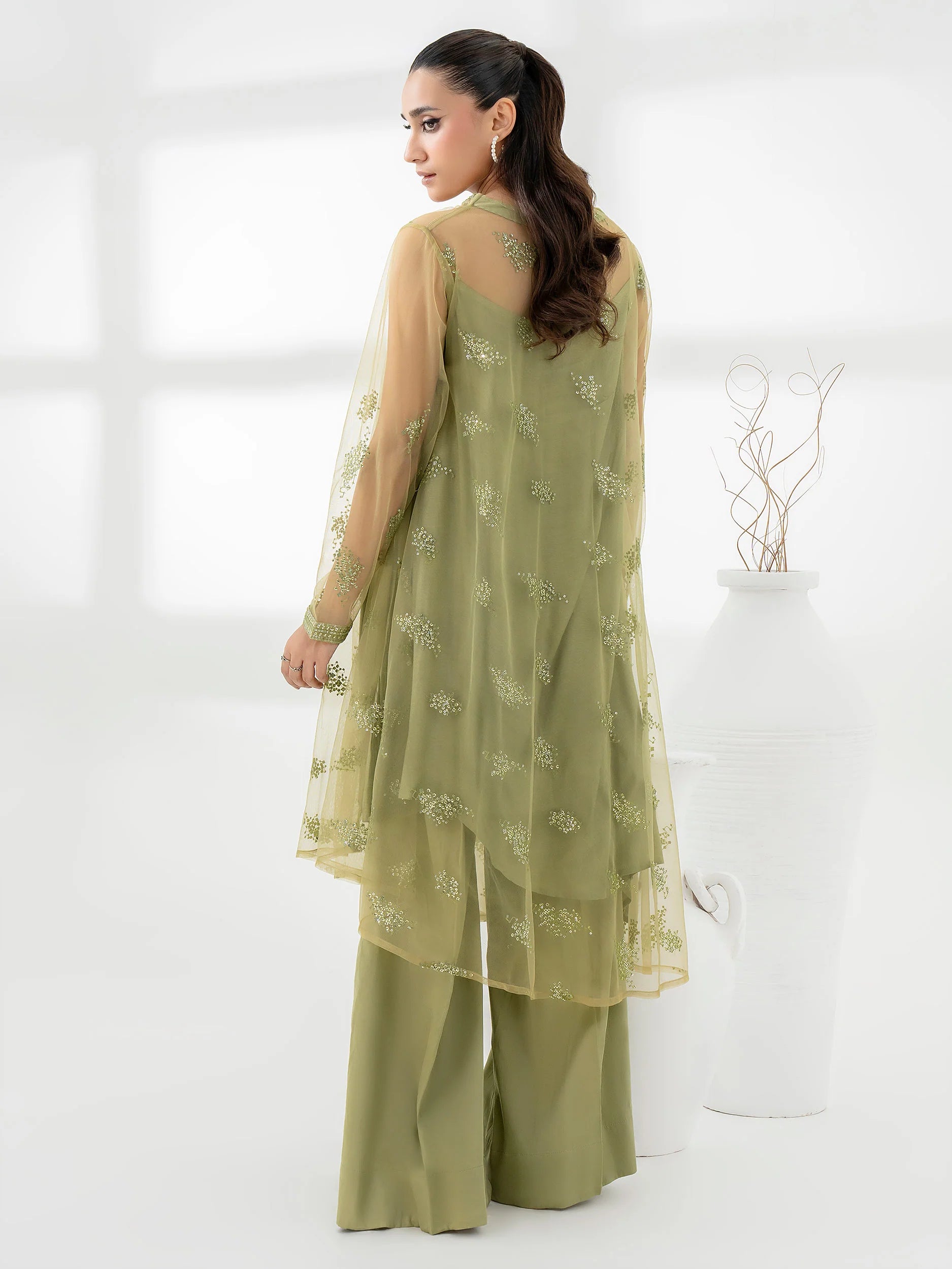 Elegant mint 2-piece embroidered Net suit with satin trousers