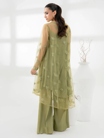 Elegant mint 2-piece embroidered Net suit with satin trousers