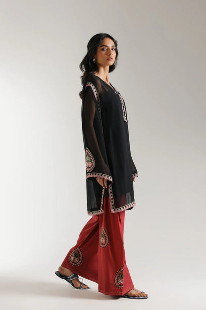 Embroidered Suit – Jet Black - Red Shalwar