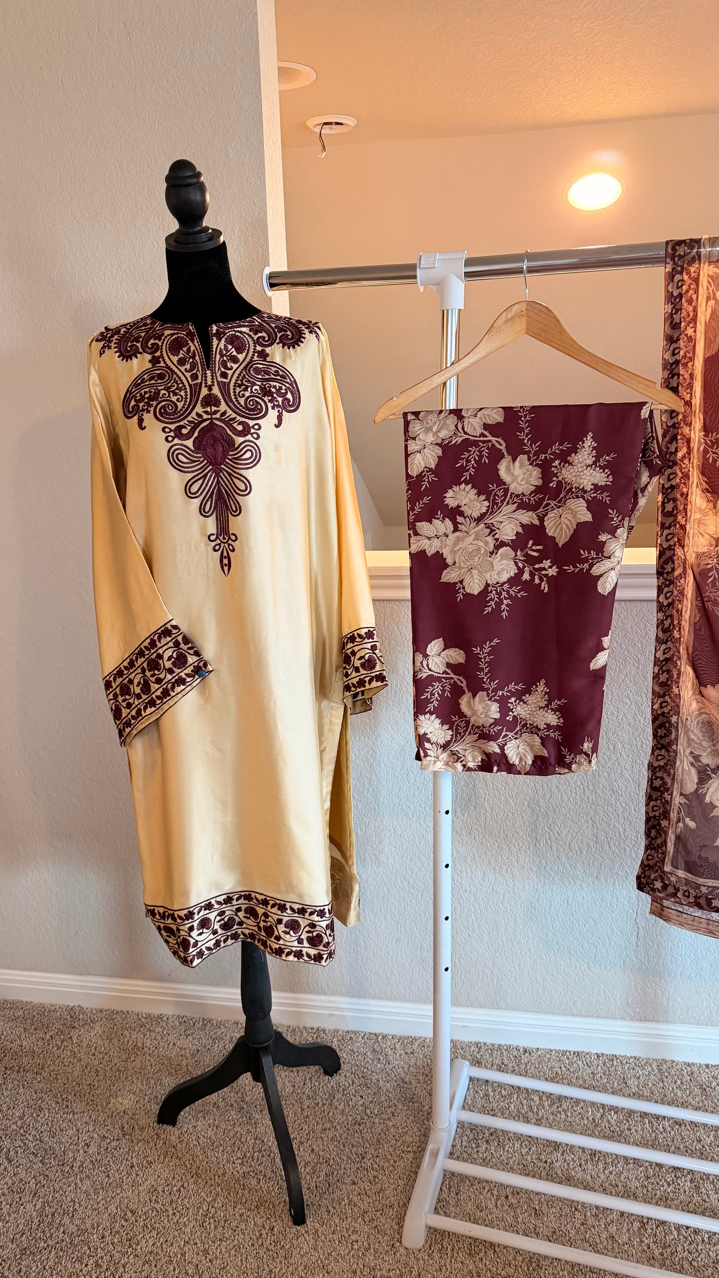 Shamoz Silk Embroidered Off-White Gold Long Shirt Set – 3 Piece | Ready to Ship