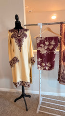 Shamoz Silk Embroidered Off-White Gold Long Shirt Set – 3 Piece | Ready to Ship