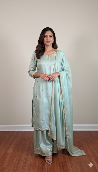 Korean Raw Silk Booti Shirt with Farshi Salwar & Chiffon Dupatta – 3 Piece Set