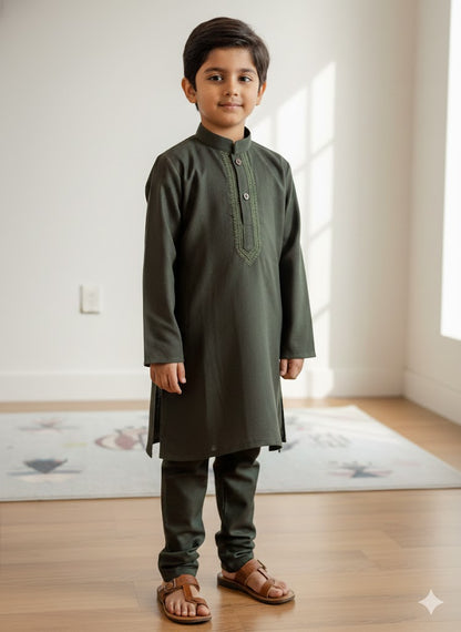 Dark Mehndi embroidered kurta trouser boys
