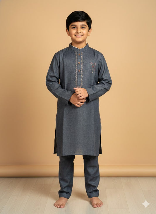 Dark charcoal Gray with Blue undertone embroidered kurta trouser boys