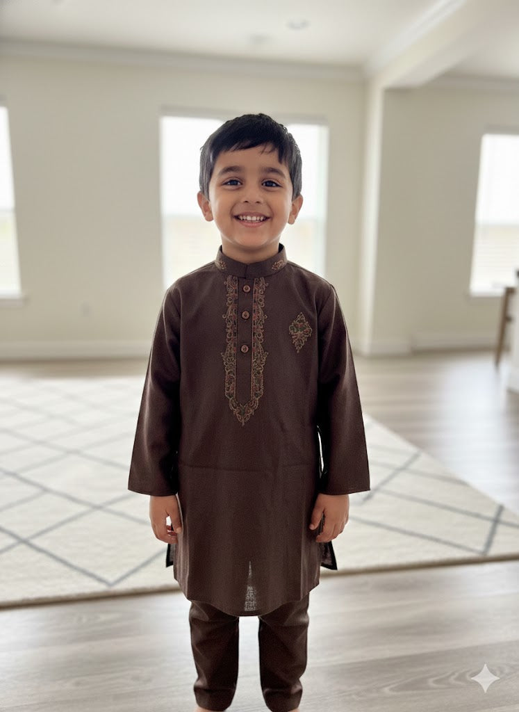 Dark Brown embroidered kurta trouser boys