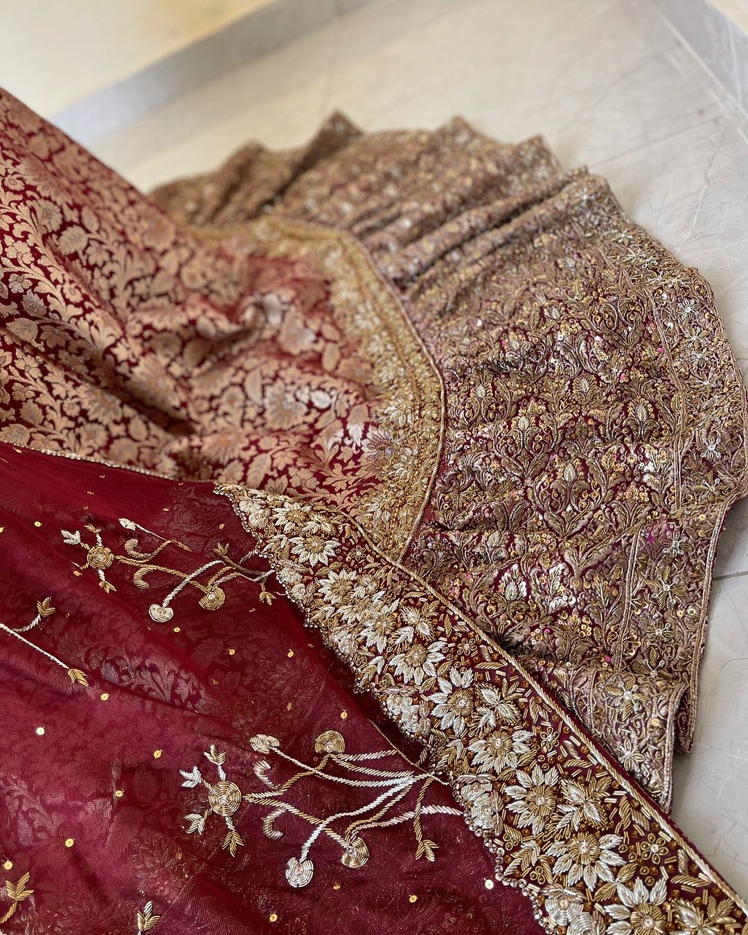 side view of Detailed hand embroidery on Pakistani Indian bridal lehenga set