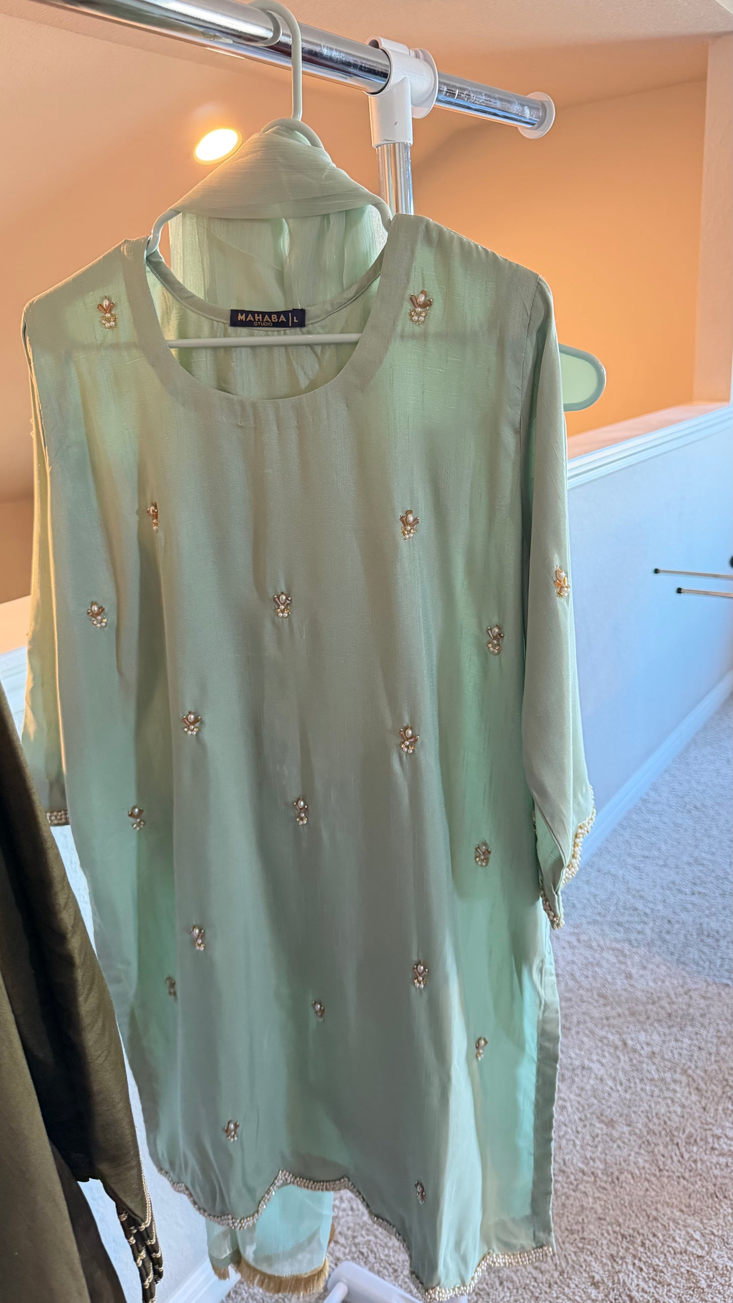 Korean Raw Silk Booti Shirt with Farshi Salwar & Chiffon Dupatta – 3 Piece Set