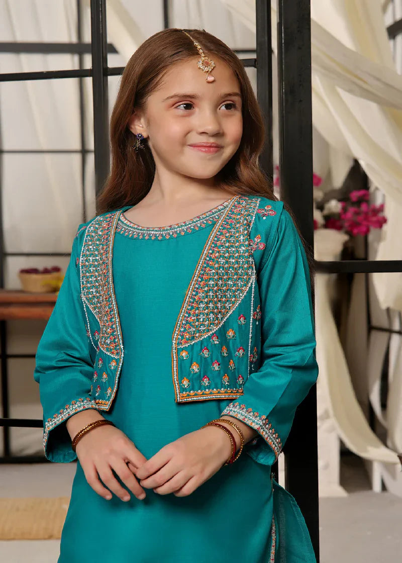 Mahaba Studio girls' turquoise kurta set, Eastern wear in lawn fabric