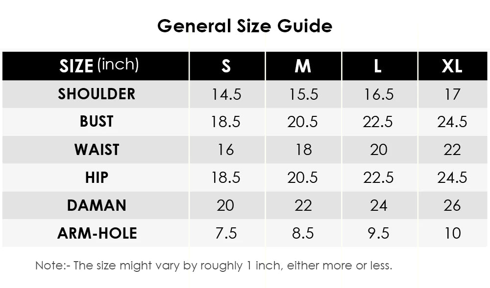 size chart of Kora and Dabka work, emphasizing embroidery artistry