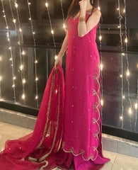 Fuchsia Sheesha Silk Long Shirt with Organza Dupatta - 3 Piece Set