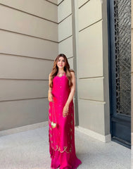 Fuchsia Sheesha Silk Long Shirt with Organza Dupatta - 3 Piece Set