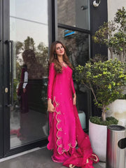 Fuchsia Sheesha Silk Long Shirt with Organza Dupatta - 3 Piece Set
