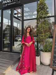 Fuchsia Sheesha Silk Long Shirt with Organza Dupatta - 3 Piece Set
