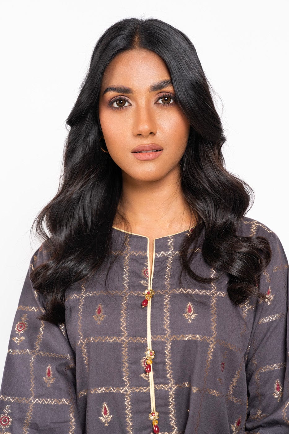 Women’s printed grey khaddar kurti from Mahaba Studio