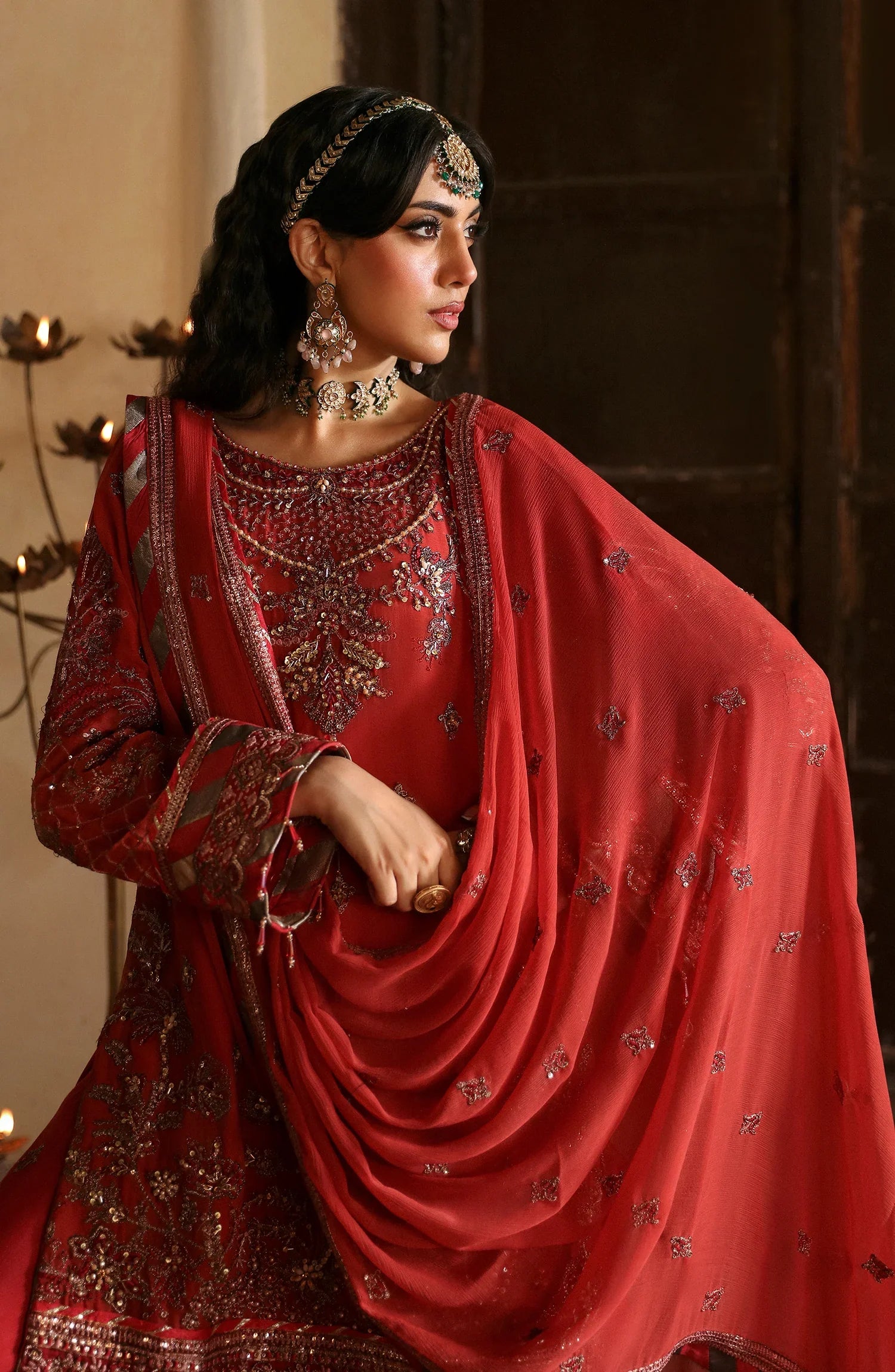 Close-up of hand-embroidered chiffon sleeves on EA-Koyal suit