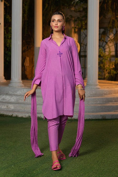 Pure Karandi Hand Embroidered shirt with pants and Chiffon Chunnari - pink