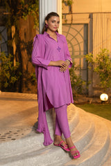 Pure Karandi Hand Embroidered shirt with pants and Chiffon Chunnari - pink - khudabaksh