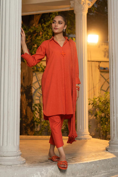 detailed view ofPure Karandi Hand Embroidered shirt with pants and Chiffon Chunnari - orange