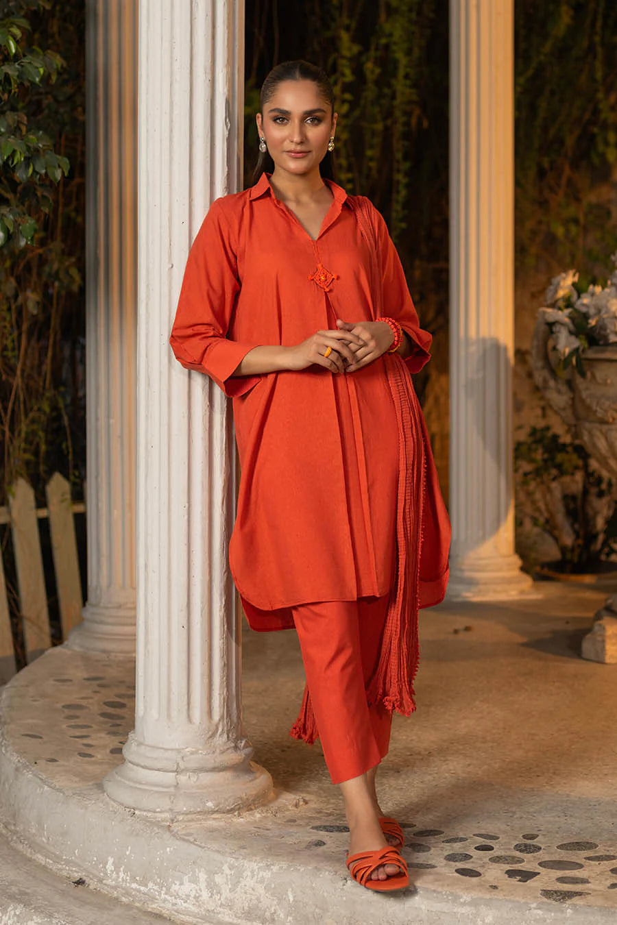 Pure Karandi Hand Embroidered shirt with pants and Chiffon Chunnari - orange - model