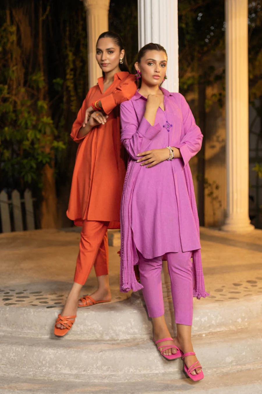 Pure Karandi Hand Embroidered shirt with pants and Chiffon Chunnari - orange - pink - khudabaksh