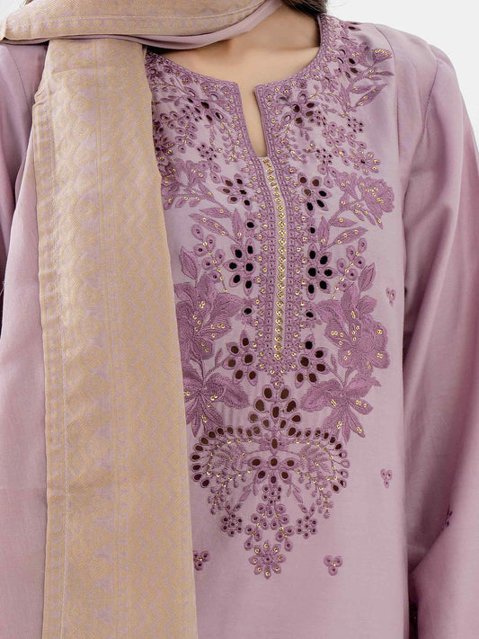 Lilac Satin embroidered shirt with jacquard shawl and satin narrow-leg trousers