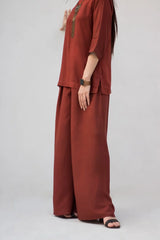 MSP-004-Mahreen | Brown Solid Linen Dress - 2 Piece