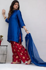 MSP-009-Velora | Blue Seesha Silk With Red Shalwar