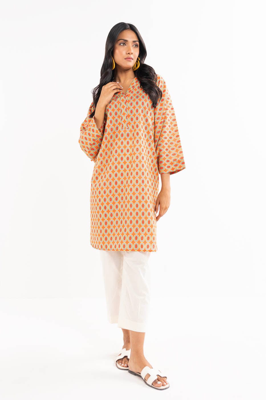 Multicolor Printed Khaddar Shirt with Orange Accents