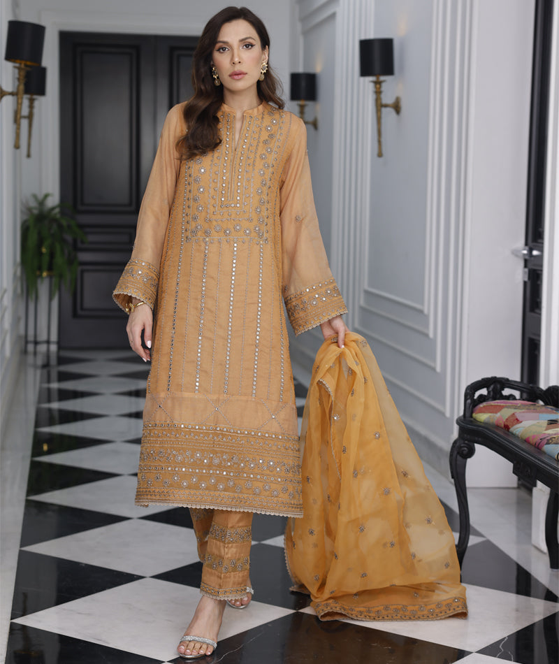 Marigold khaddi net embroidered 3pc Suit