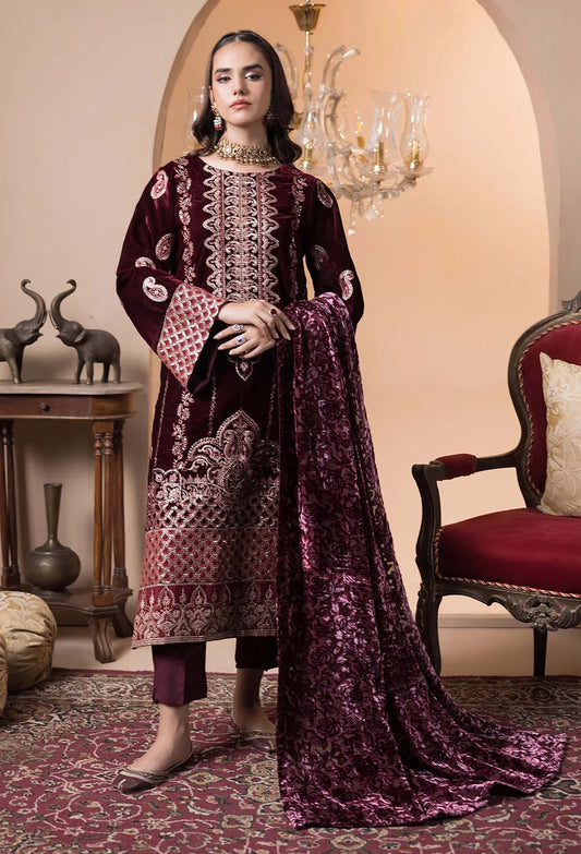 Maroon Velvet Embroidered Salwar Kameez with Shawl | Mahaba Studio USA