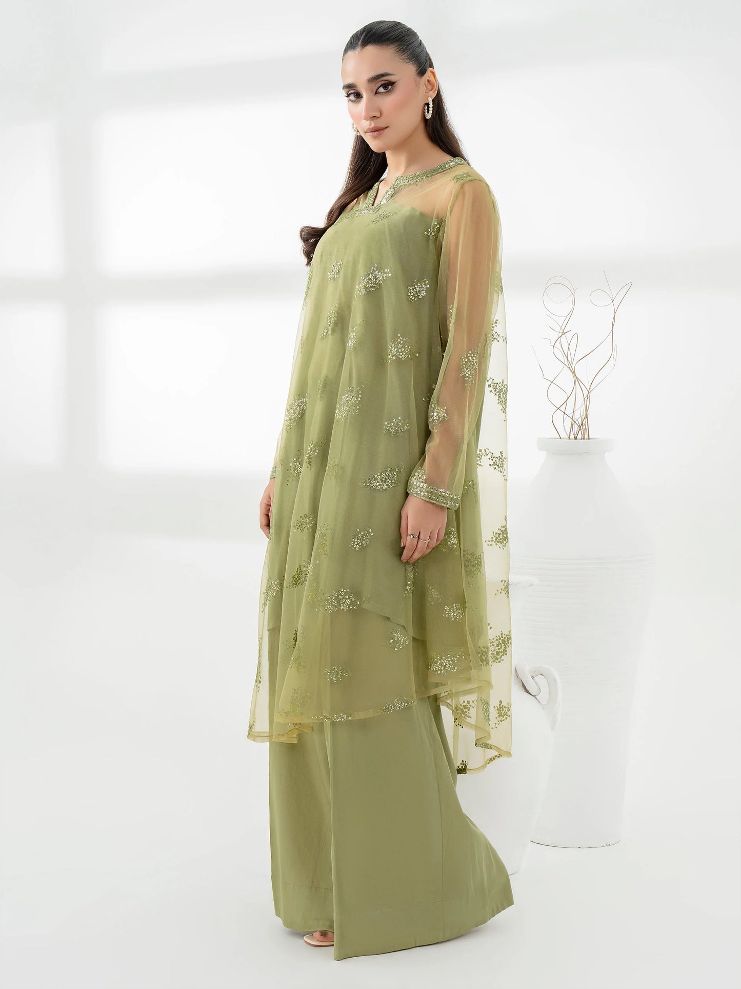 Mint 2-Piece Net Suit with Embroidered Shirt and Satin Trouser