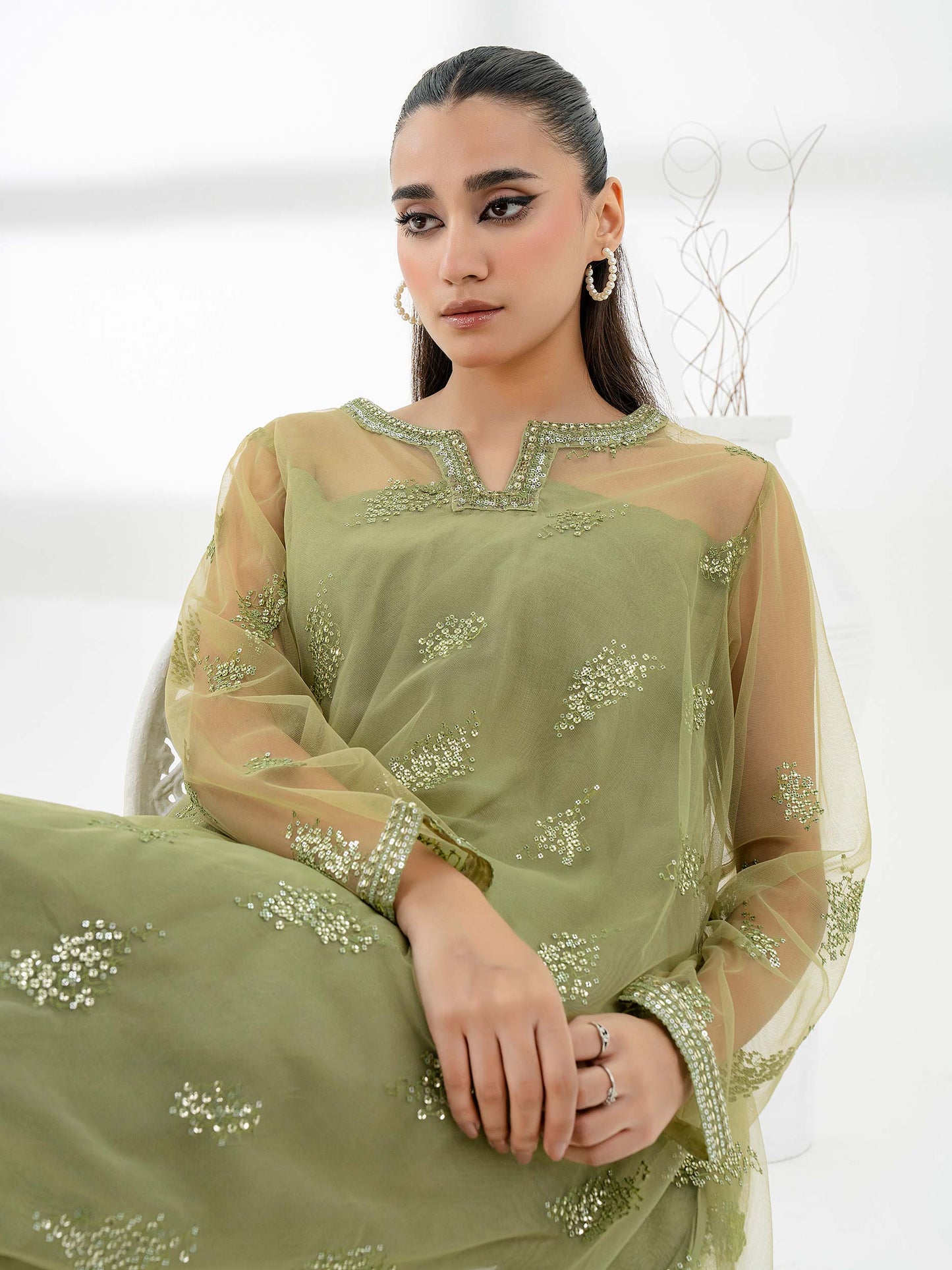 Mint 2-piece Net suit with embroidered shirt and satin wide-leg trousers