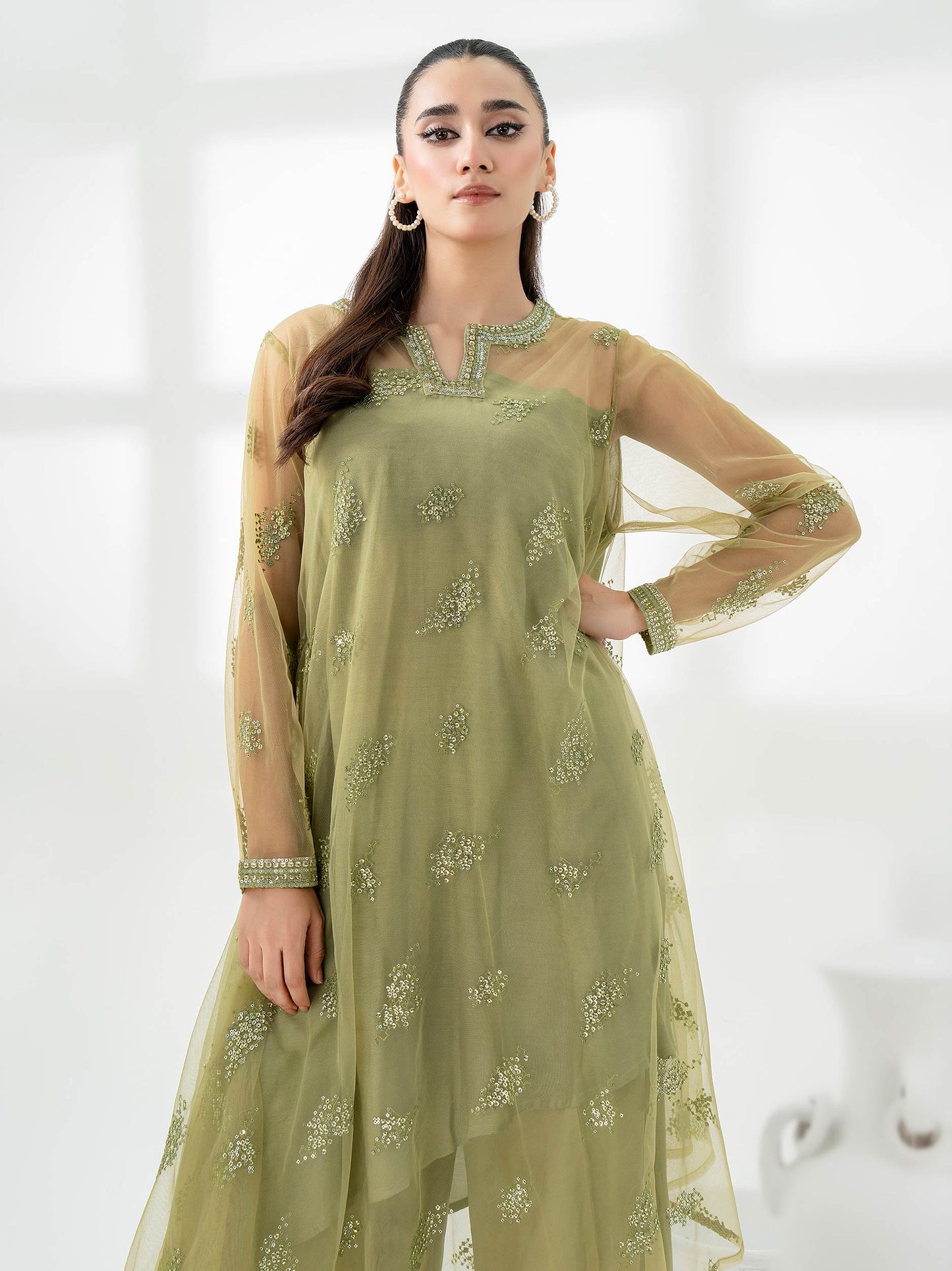 Mint embroidered Net shirt with slip and satin wide-leg trousers