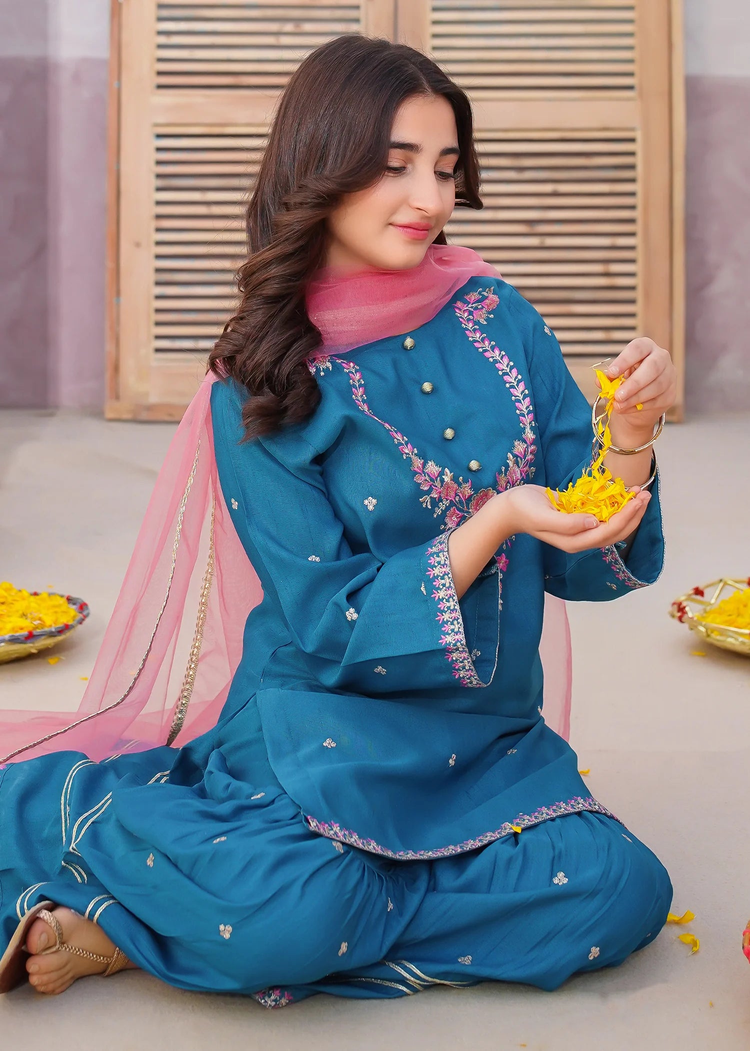 3 Piece Rawsilk Green Embroidered Gharara