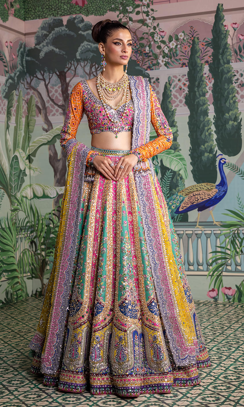 Multicolor bridal lehenga choli with hand embellishments