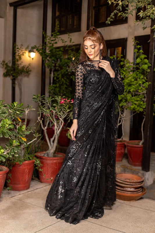 NB-5259 Black Net Embroidered Stitched Saree