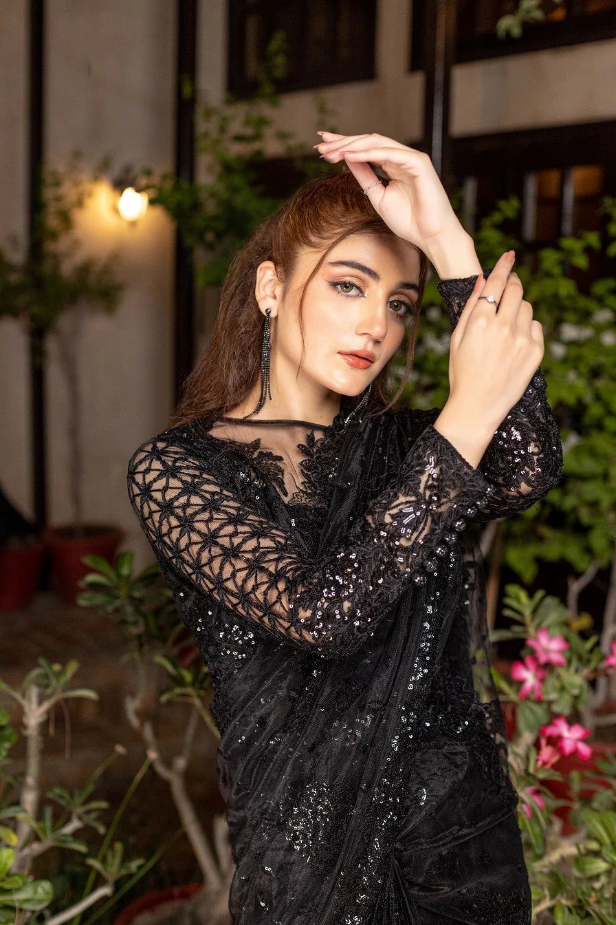NB-5259 Black Net Embroidered Stitched Saree